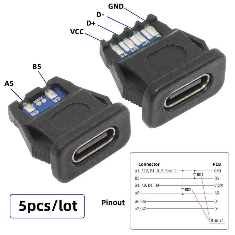 Cablecc 5pcs/Set DC Power 5V/20V DIY OEM Type C Female Socket Connector to 6Pin PCBA Pinout PD IP67（Rectangle Latch Mount Type） - Image 4